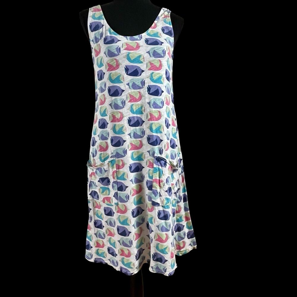 Fresh Produce Fish School Drape Dress Sz XS USA Made cotton Slub Beachy Coastal